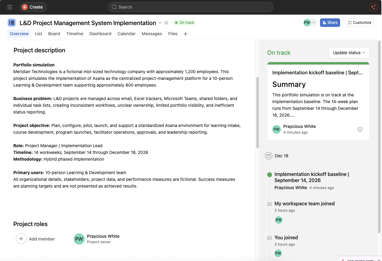 Asana project overview showing implementation context, timeline, and status